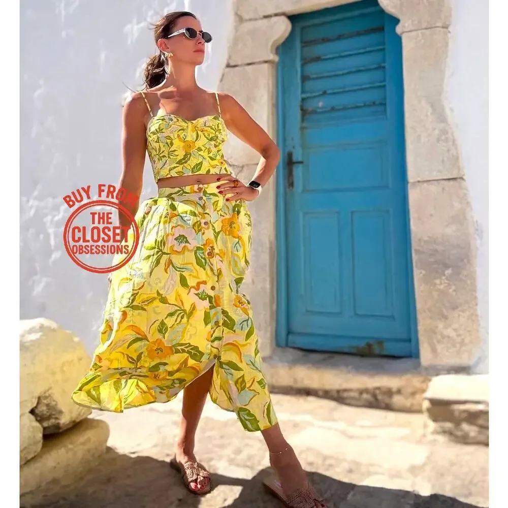 Zara Floral Co Ord Set Corset Top Midi Skirt Linen Blend Vacation Outfit NWT - Picture 15 of 16